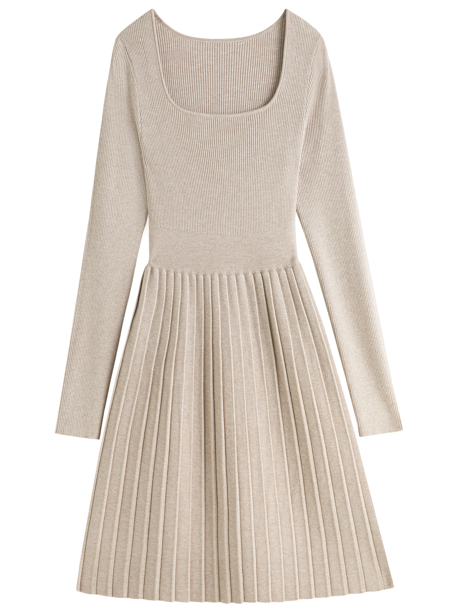 FSLE Women Knitted Square Neck Long Knee-Length Sweater Dress Autumn Gentle Oatmeal Color Female 24FS13267 knitted dress