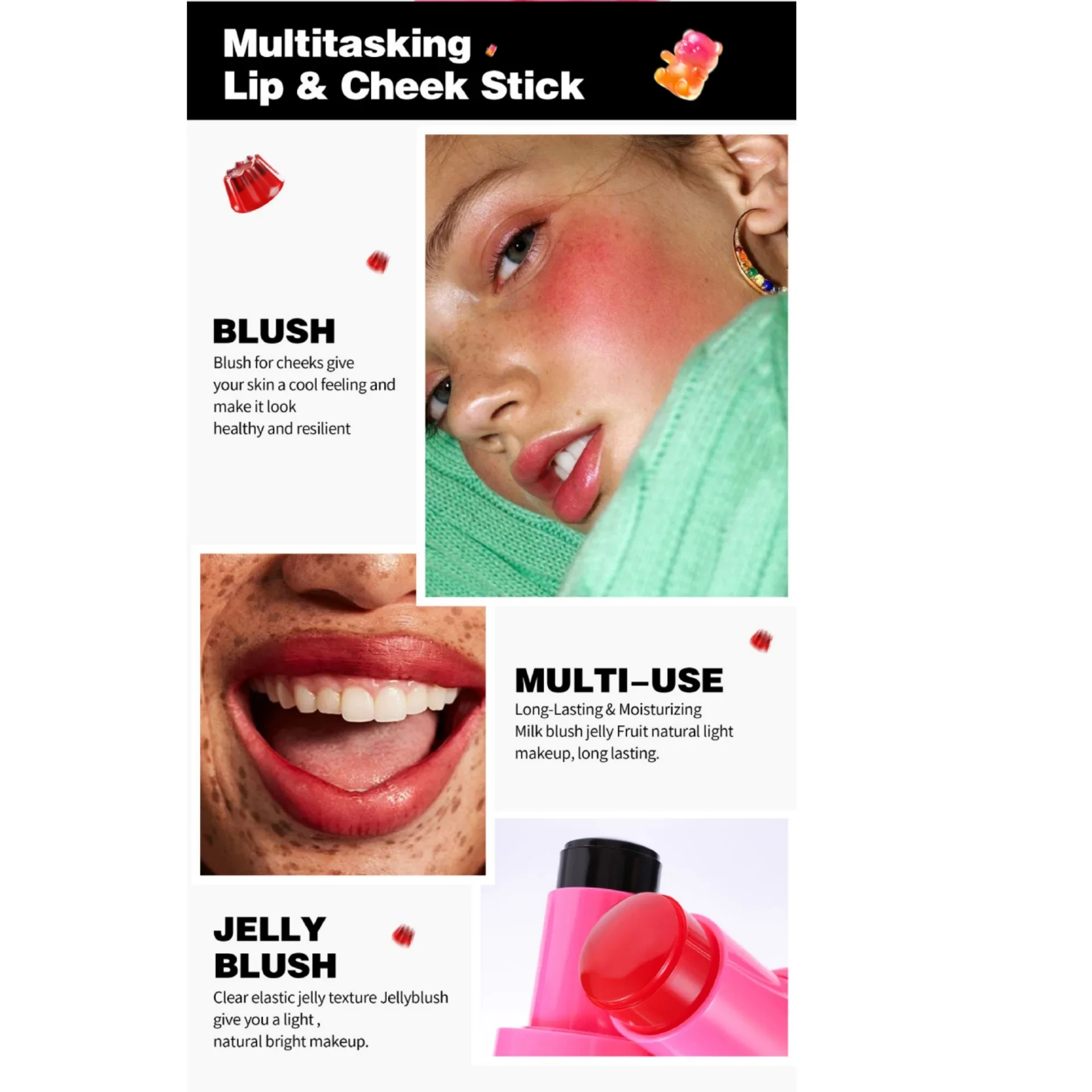 Lip and Cheek Jelly Blush Stick Lipstick Jelly Blusher Stick Makeup Water Tint Stick Lightweight Long Lasting Cosmetics
