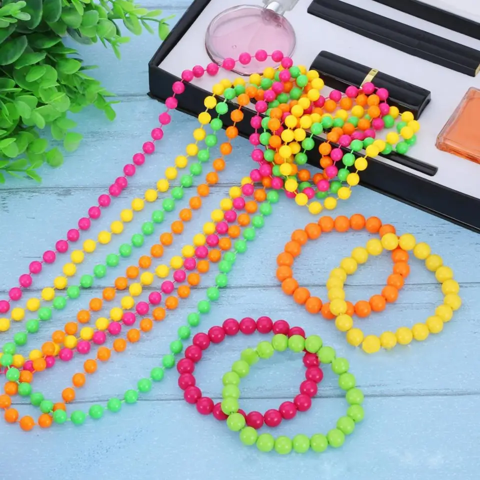 ILOVEFANCYDRESS Ladies 1980s Costume Set - Pink Mesh Top, Wig & 4 Pack Neon Beads For Rave