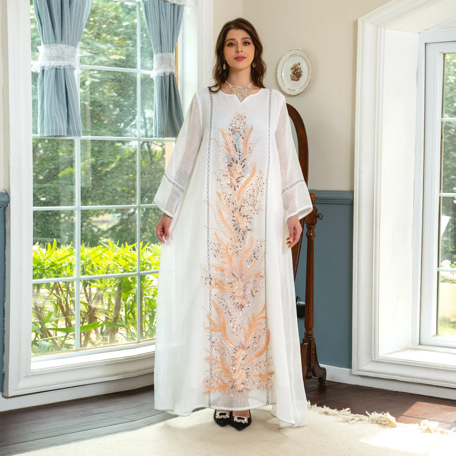Abaya for Women Morocco Arab Dubai Muslim Women's Long Sleeve Spliced Beaded Embroidered Loose fitting Dress Clothing