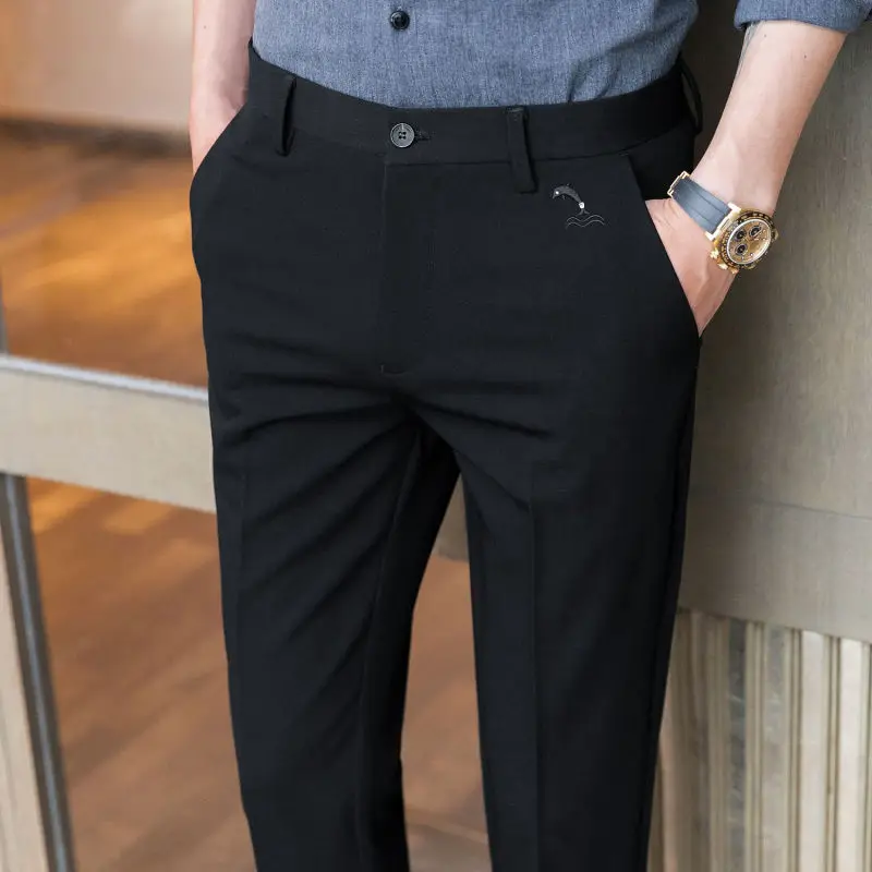 2024 Spring and Summer Casual Minimalist Business Trend High Waisted Button Pocket Korean Slim Fit Cropped Small Leg Suit Pants