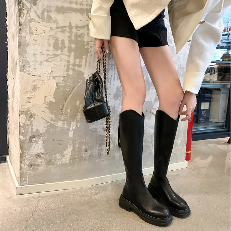 

Women Boots Genuine Leather Fashion Block-heel Knee High Female Autumn Winter Warm Zipper Boots Black Warm Comforte Party Shoes