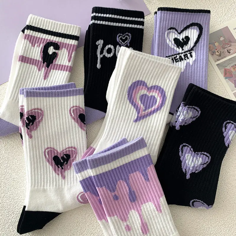 

Purple Series Women Cotton Socks Female Middle Tube Sock Y2k Harajuku Love Print Stockings JK Student Girl Sokken Sox Streetwear