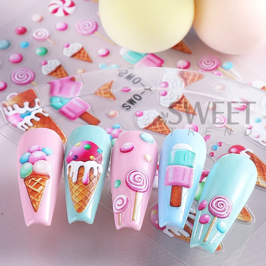 2pcs Ice Creams 3D Nail Stickers Summer Macaroon Candy Lollipops Cartoon Nail Decals DIY Adhesive Sliders Manicure Decorations