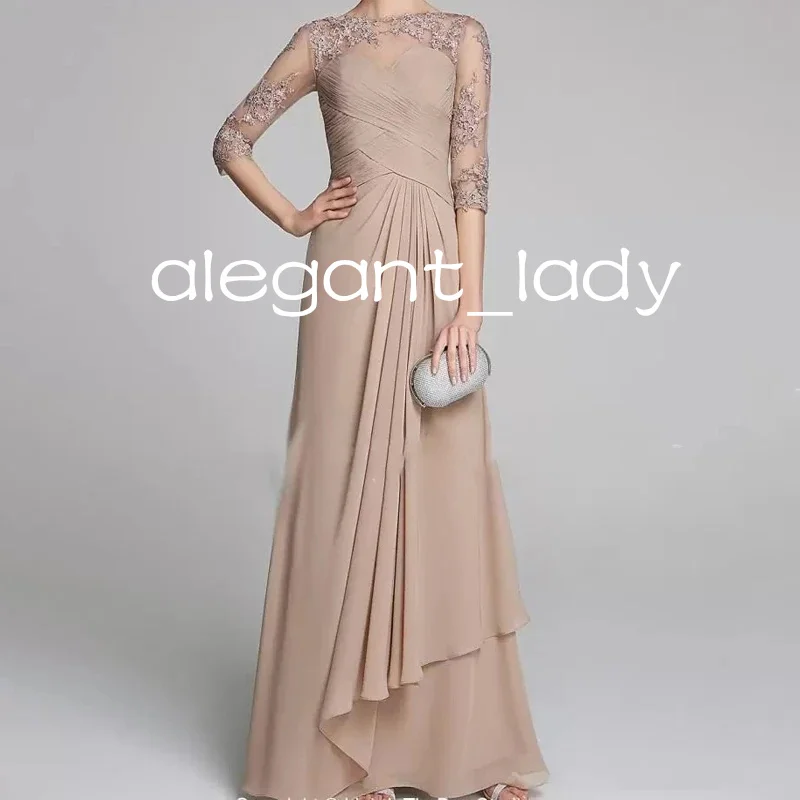 

Modest Champagne Mother of the Bride Dresses with 3/4 long sleeve Plus Size Ruched Lace Applique mother occasion Prom gown