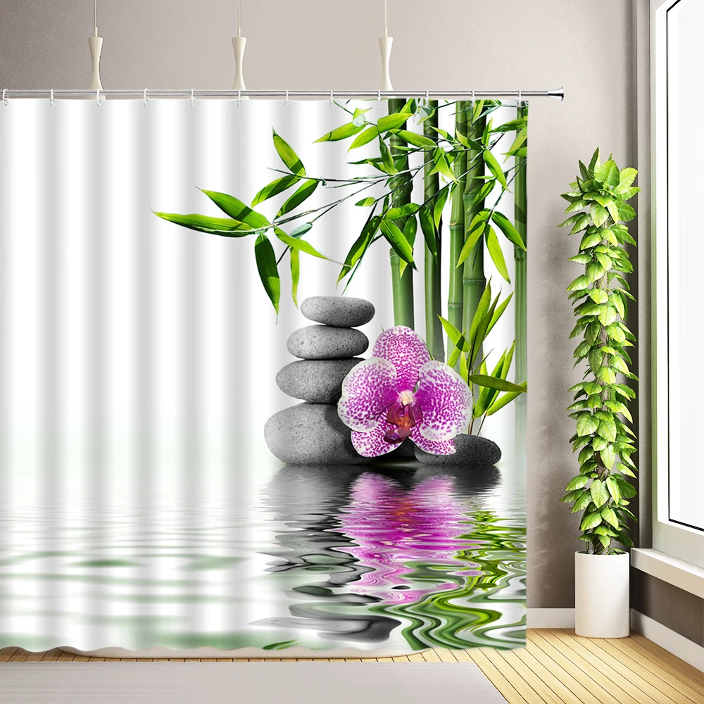 

Занавески для душа с зеленым бамбуковым лотосом, декоративные тканевые шторы с крючками для ванной комнаты, с изображением цветов, растений, орхидеи, бабочек, декор дзен