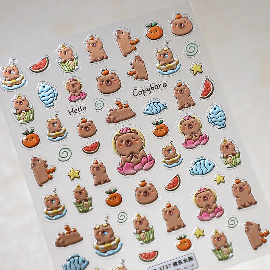 Lovely Cartoon Capybara Fish Watermelo 5D Soft Embossed Reliefs Self Adhesive Nail Art Stickers Cute Hamster 3D Manicure Decals