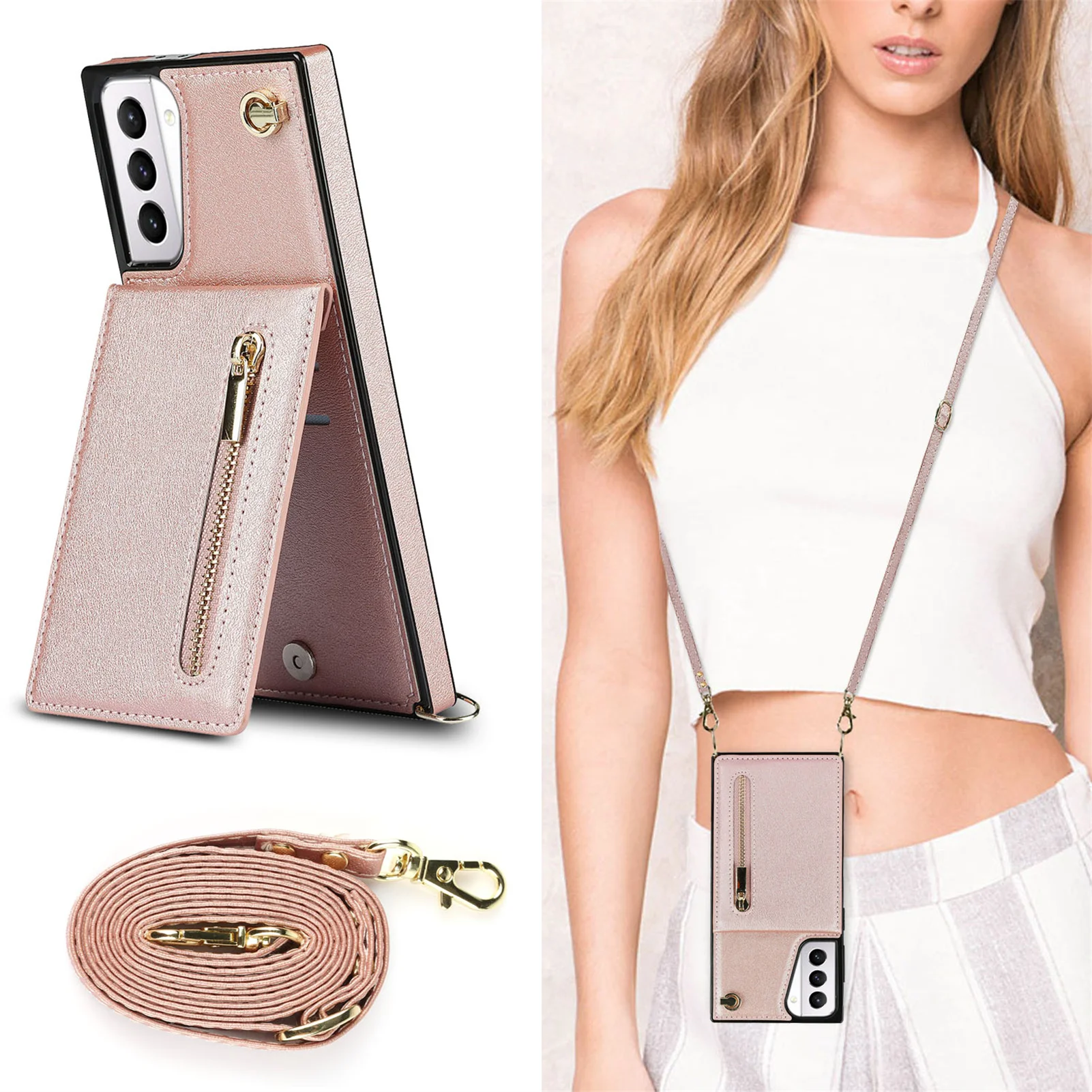 Zipper Wallet Crossbody Leather Case with Card Holder and Lanyard