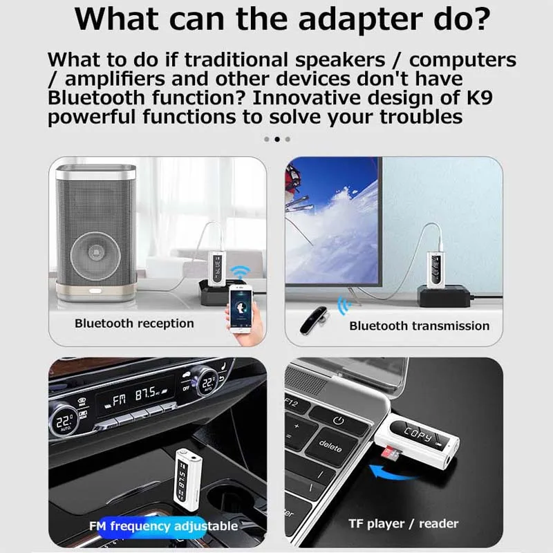 Vaorlo-fm Receptor Transmissor Adaptador Bluetooth 5.0 Usb Aux para tf Card Mp3 Player Estéreo em Casa tv pc Celular Fones de Ouvido - Image 4