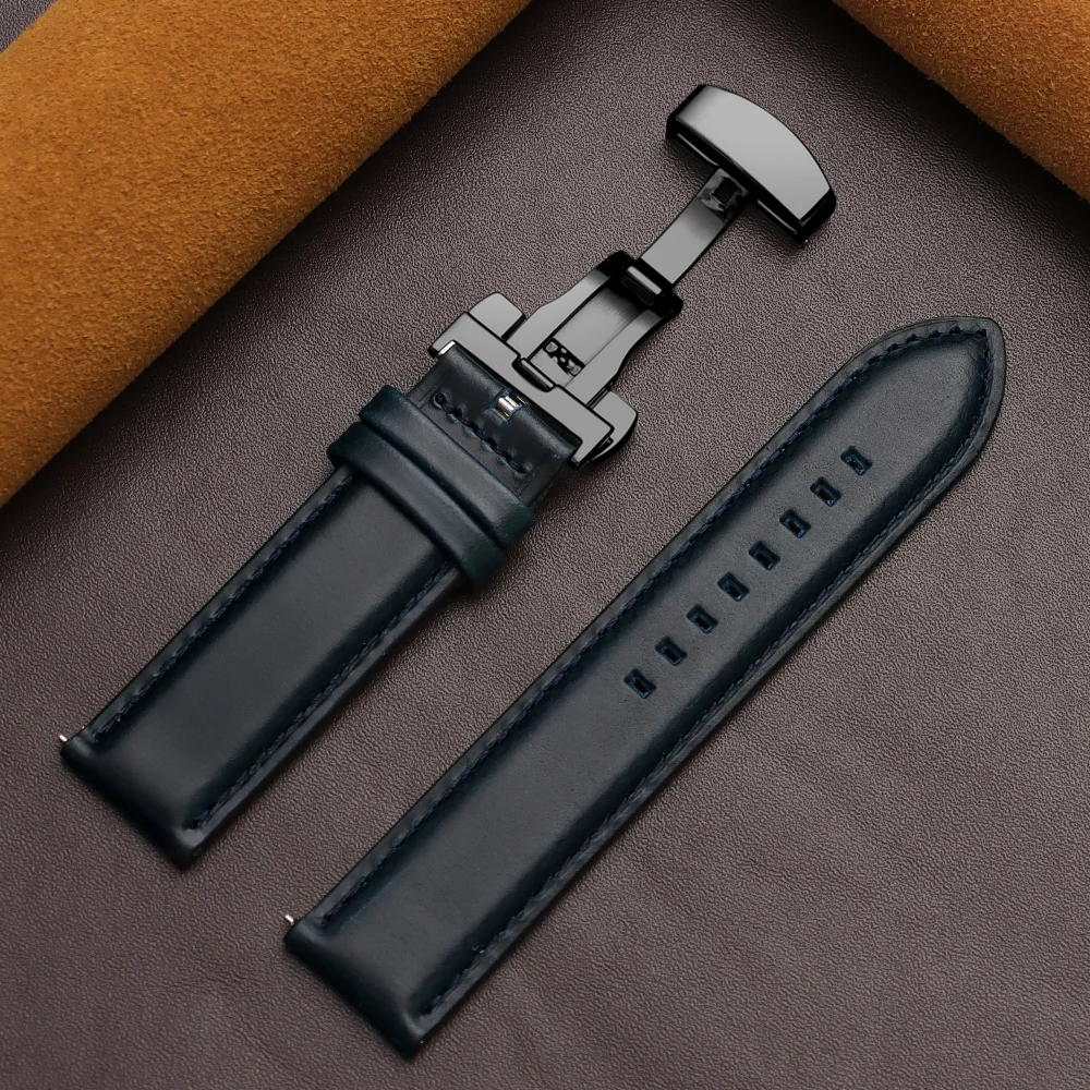 Luxurious Dark Brown Calfskin Leather Watchband with Butterfly Buckle