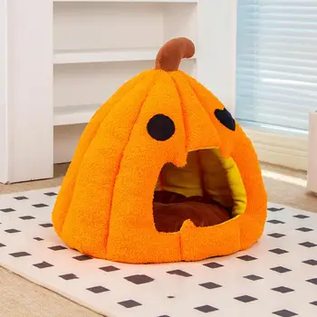 Pumpkin Cat Bed Warm Sleeping Bed with Removable Cushion Semi-Enclosed Cat House Tent Cute Soft Cave For Cats Small Dogs 3
