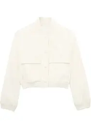 Women's Casual Pocket Jacket - Spring Long Sleeve Bomber Coat, Fashion Solid Outerwear - S (Beige)
