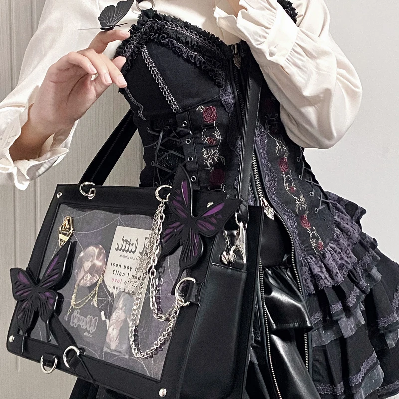 Kukuzhu Grunge Punk Mini Crossbody Bag Emo Japanese Messenger Bag Harakuju Gothic Alt Shoulder Bag Y2k Hippie Purse Black One Size