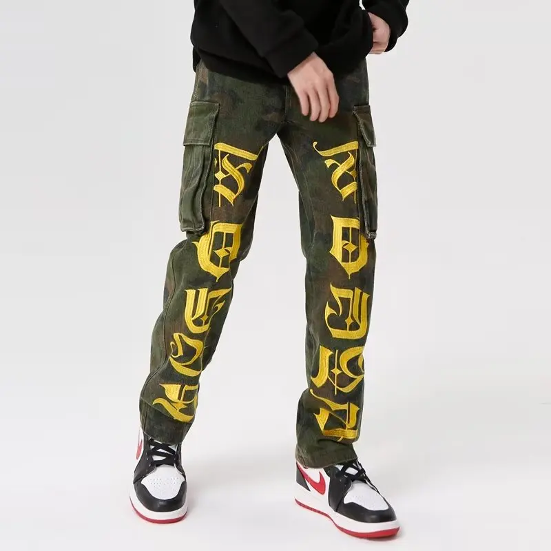 2023 Vibe Stil Brief Stickerei Camouflage Baggy Männer Cargo Hosen Gerade Hip Hop Lange Hosen Taktische Bekleidung Ropa Hombre – Detail 12