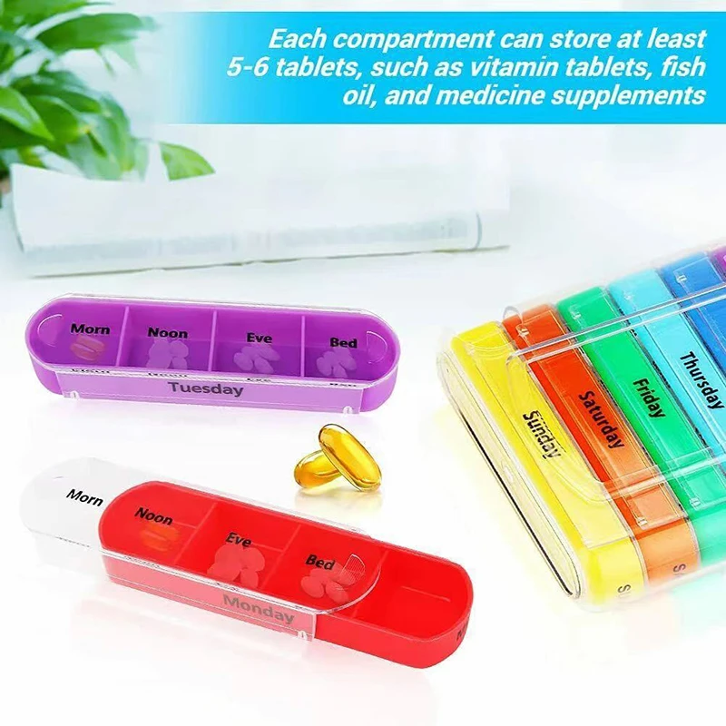 Portable English Plastic Pill Box Organizer, Travel Pill Organizer, Everyday Portable Pill Box, Daily Pill Box with Vitamins, 6