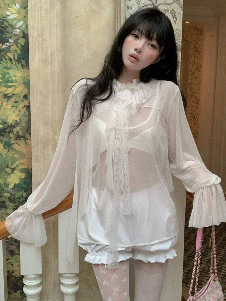 Nibber Solid Sexy Mesh Coquette Top Women Lace Ribbon Backless Button Ruffles Pure Desire Wild Street Midnight Clubwear Tees