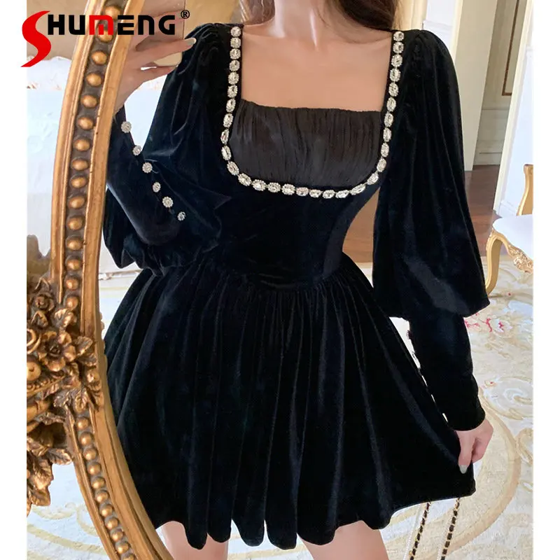 

Palace Style Bubble Sleeve Rhinestone Waist-Tight Velvet Dress for Women Beaded Western Style Diamond-Embedded Pleated Dress