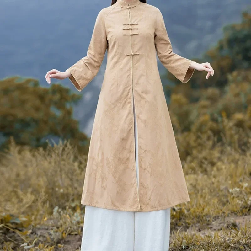 

2023 Spring New Cotton Linen Mandarin Collar Traditional Chinese Dress Qipao Long Robe Vintage Femme Tang Suit Cheongsam 12035