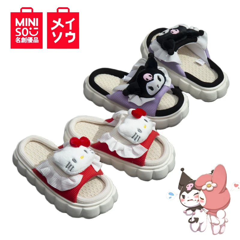 

MINISO Sanrio Linen Slippers Kuromi High Resilience EVA Indoor Platform Soles Non-slip Home Slippers Linen Insoles Four Seasons