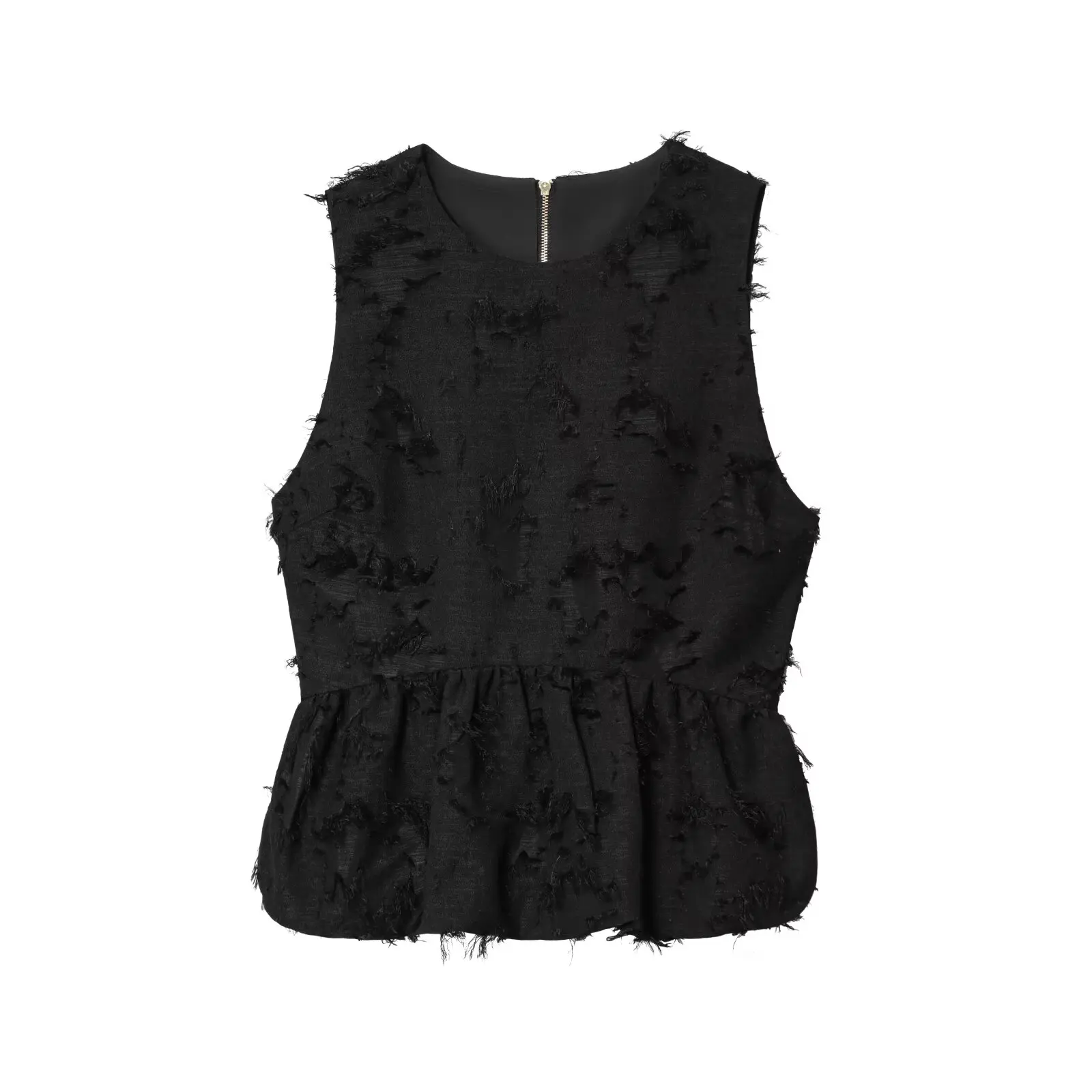 HH Damen Frühlingsmode Einfarbiges Ärmelloses Oberteil mit Reißverschluss Rundhalsausschnitt Tailliertes Rocksaum-Top Weibliches Lässiges Slim-Fit-Oberteil – Detail 2