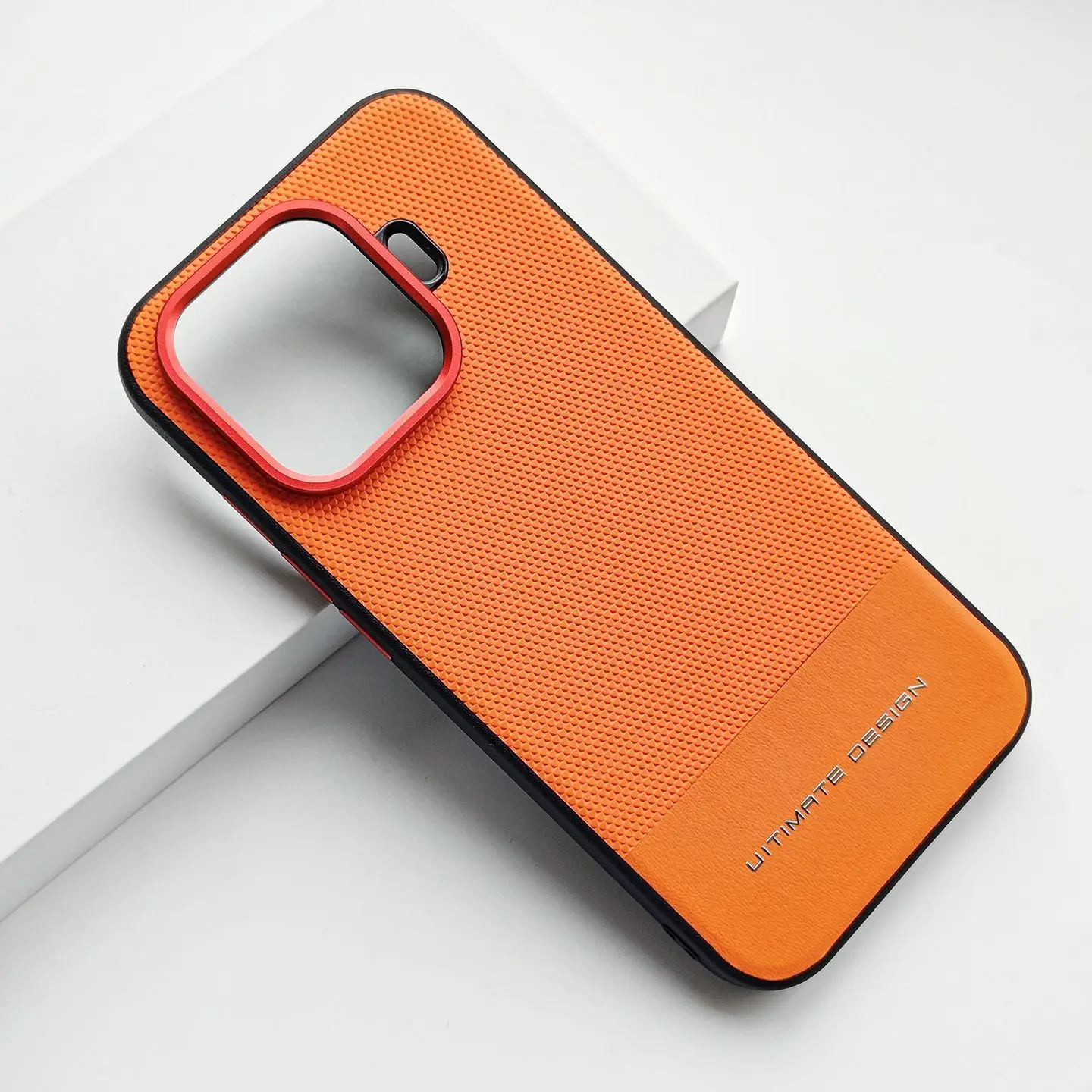 Triangular Textured Leather Case with Red Ring Lens Frame and Shockproof Bumper - Simple Red