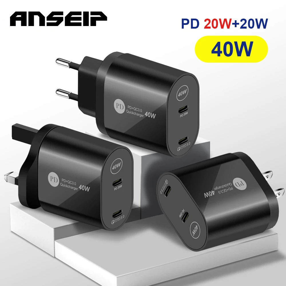 ANSEIP Dual Type c 40W charger QC 3.0 Wall Fast charge adapter Usb c Quick Charge For iPhone 13 12Pro iPad Huawei Xiaomi Samsung usb 5v 2a