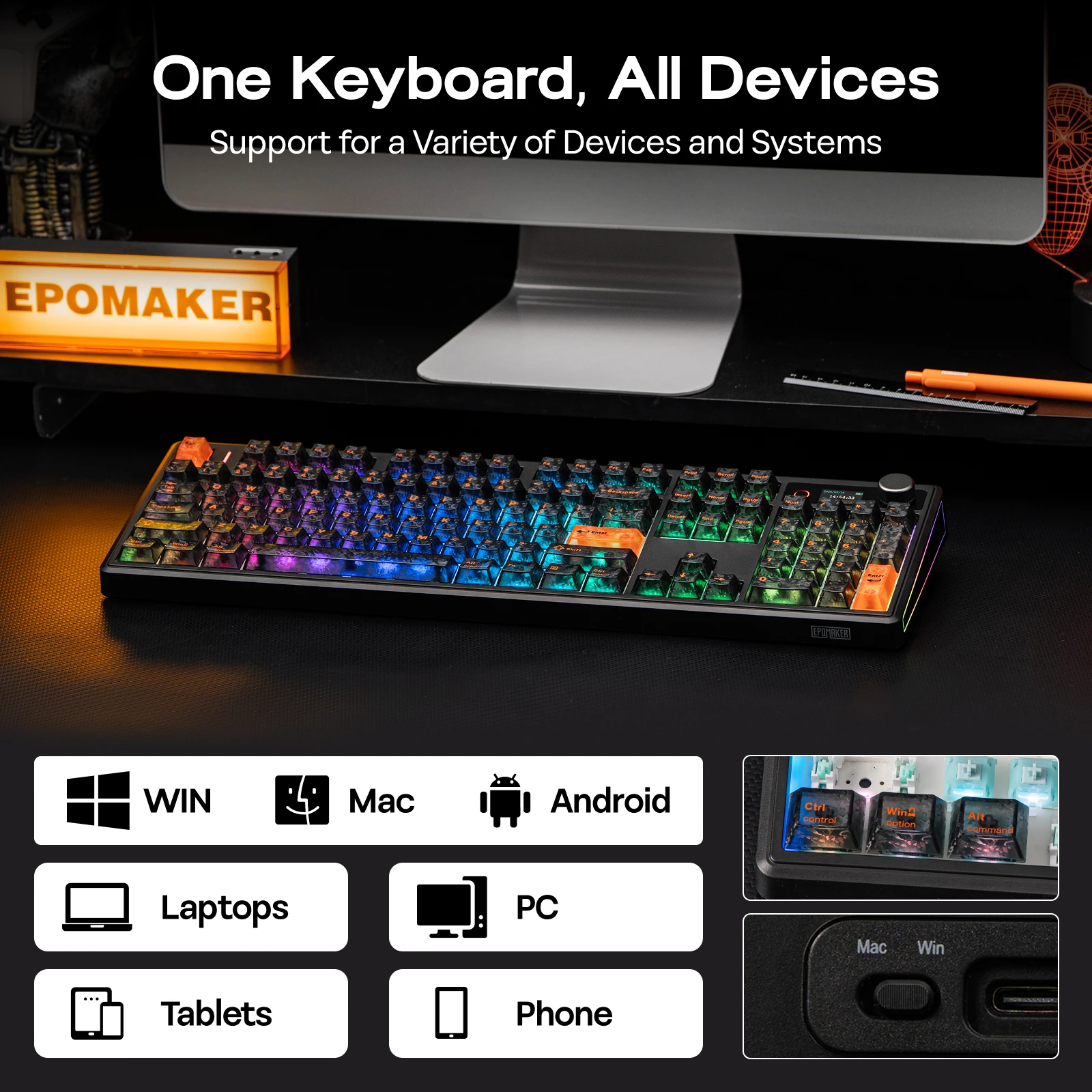 EPOMAKER TH108 V2 PRO 100% ANSI US 레이아웃 유선/블루투스/2.4Ghz 무선 맥 모디파이어 기계식 키보드 (스크린 및 노브 포함)