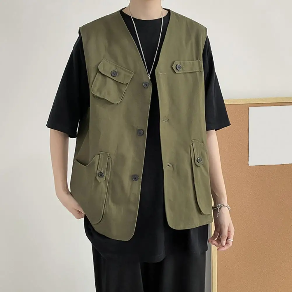 Men Cargo Waistcoat Men's Collarless Cargo Waistcoat with Multi Pockets Solid Color Outdoor Vest Coat for Style Sports Vest Coat