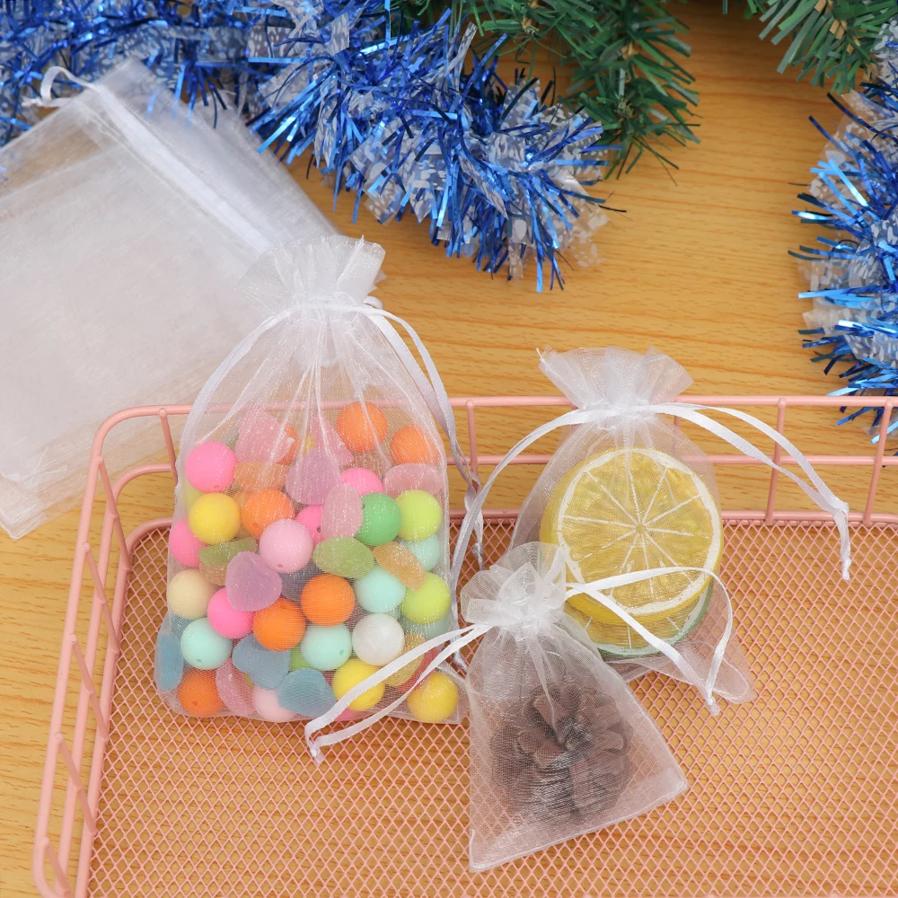 25/50Pcs White Drawstring Pocket Drawable Candy Pouches Organza Gauze Sachet Gift Bags Jewelry Packing Christmas Party Supply