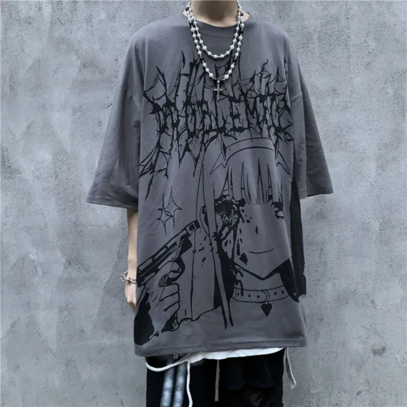 Camiseta larga larga de caveira gótica masculina, blusa de algodão de manga curta, streetwear anime, rua alta, escuro, verão