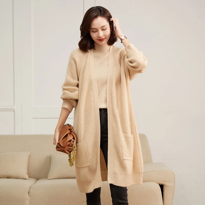 

Medium Length Knitted Cardigan Women's Spring Autumn New 100% Pure Cashmere Loose Coat Solid Color Long Sleeve Versatile Sweater