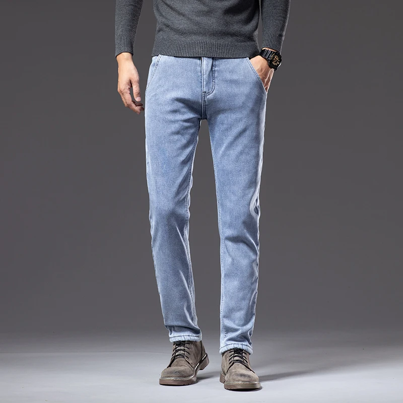 Winter Fleecy Thickened Warm Jeans Vintage Brand Classic Retro Youth Fashion Men Fit Straight Leg Casual Stretch Denim Pants 3