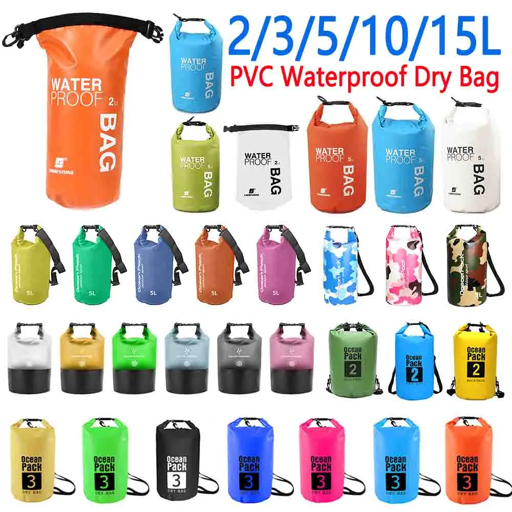 2L-15L PVC Waterproof Dry Bag Pocket Outdoor Diving Foldable Storage Beach Swimming Bag Rafting River Ocean Backpack
