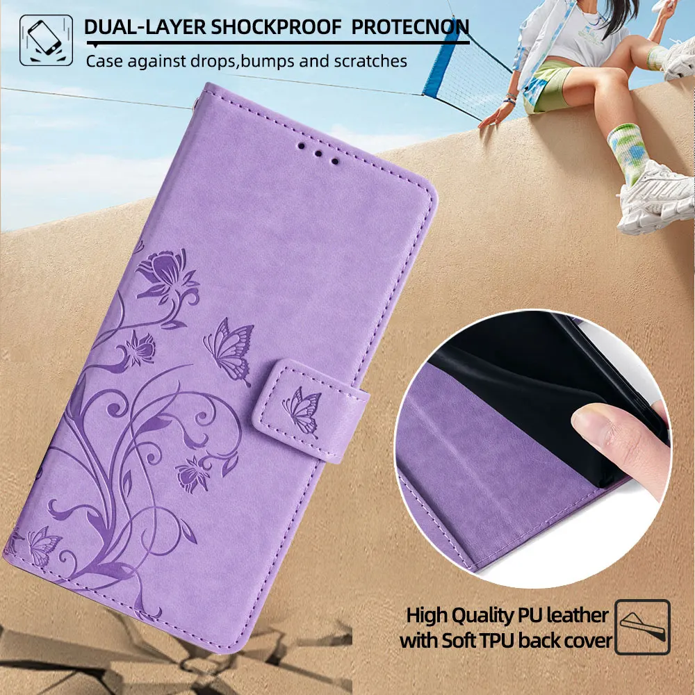 Embossed Solid Color Leather Wallet Case - Premium Protective Cover