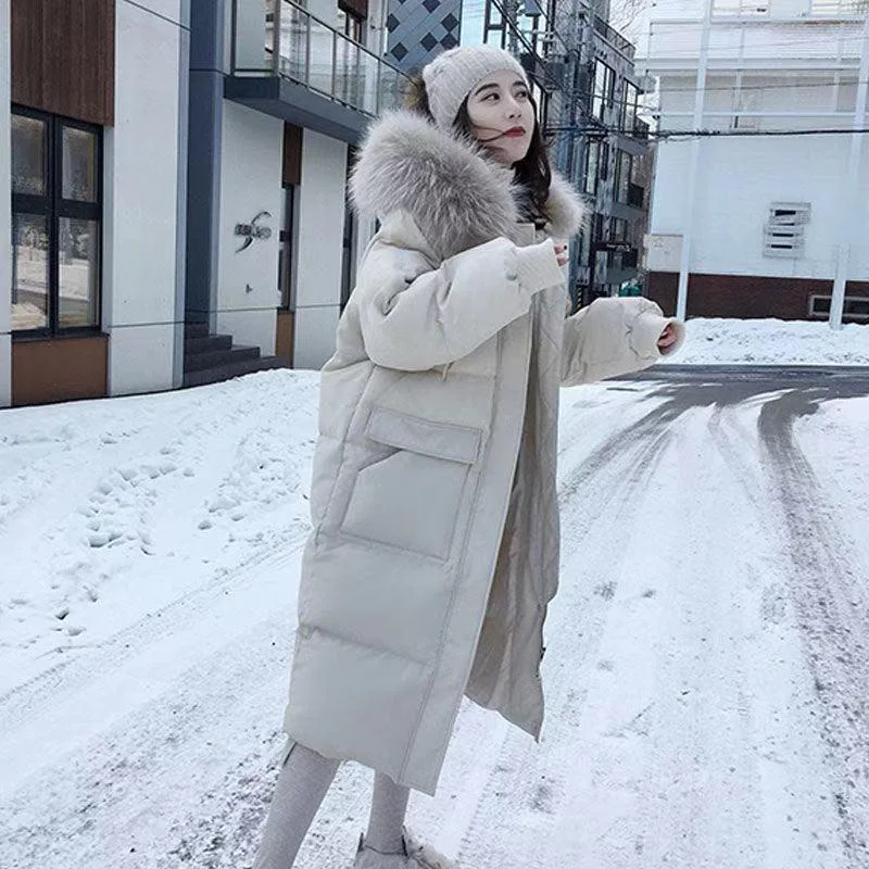 Trench Coat Women's Faux Fur Hooded Long Puffer Jacket Winter