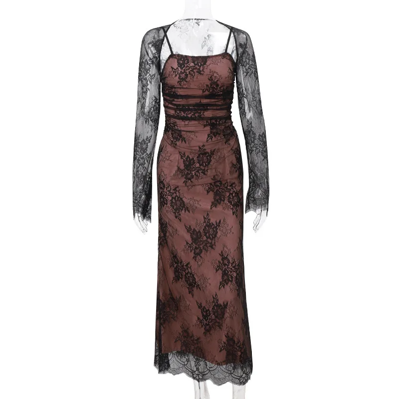 Elegante vestido de noche de fiesta para mujer, de manga larga, con encaje estampado de patchwork, sexy, para otoño e invierno, nuevo, ajustado con tirantes.