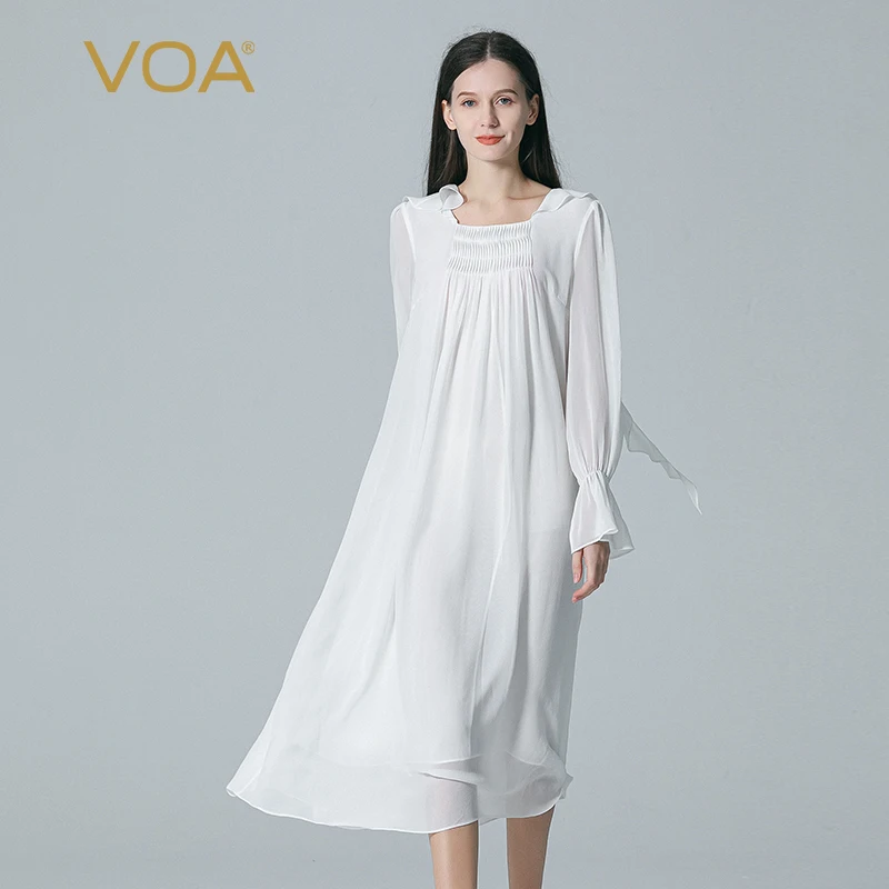 

VOA 100% Real Mulberry Silk Double Layer Georgette White Flare Long Sleeve Organ Pleated Princess Style Loose Sweet Dress AE1829