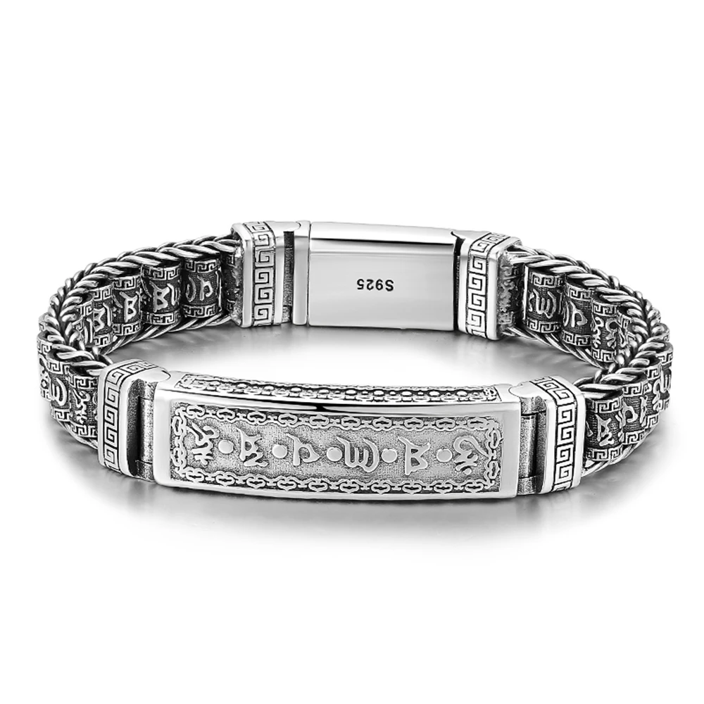 

S925 Real Sterling Silver Man Bracelet Lucky Six-word Motto Tube Bead with Rectangle Link Bracelet