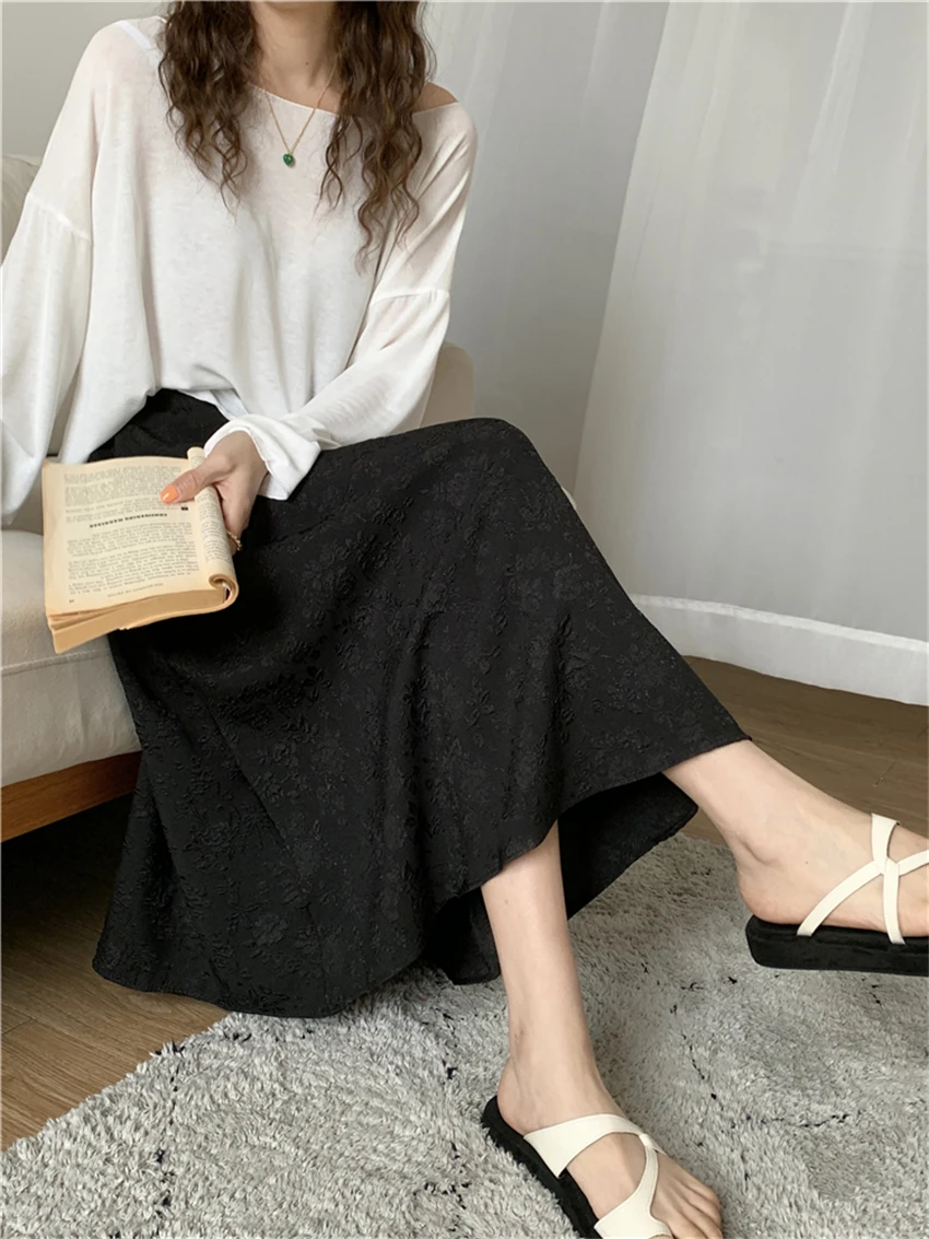 HziriP New Design 2022 Summer Long Skirts Women A-Line Mid-Length Fashion Loose-Fitting Casual Prom OL Sweet Lady High Waist white denim skirt Skirts