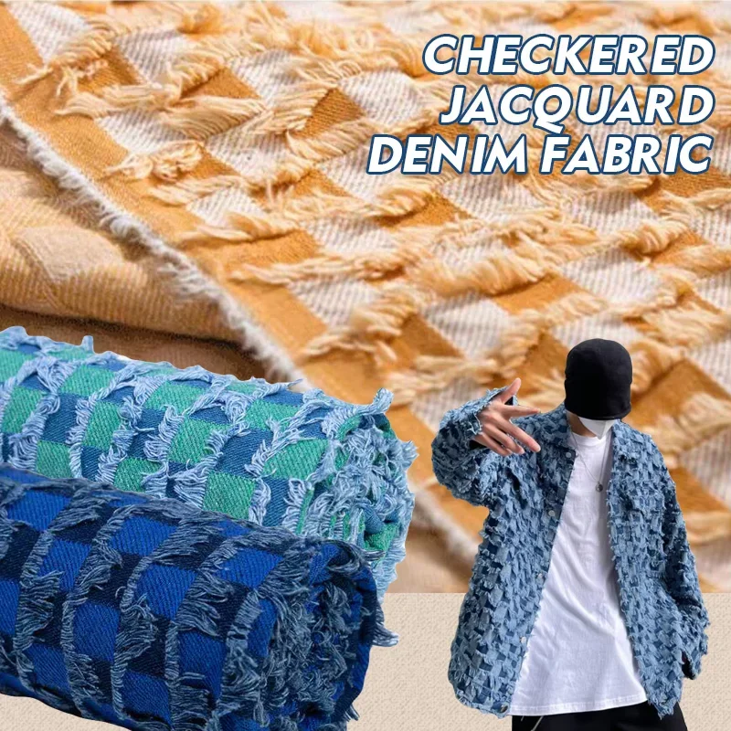Jacquard Plaid Pure Cotton Denim Fabric After Washed Thick Sewing Jeans Dress Bags Pants Blazer Telas Textile Material 50x160cm