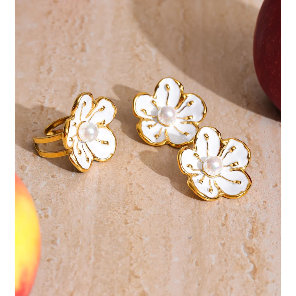 Yhpup Earrings Ring Set White Enamel Pearl Korean Flower