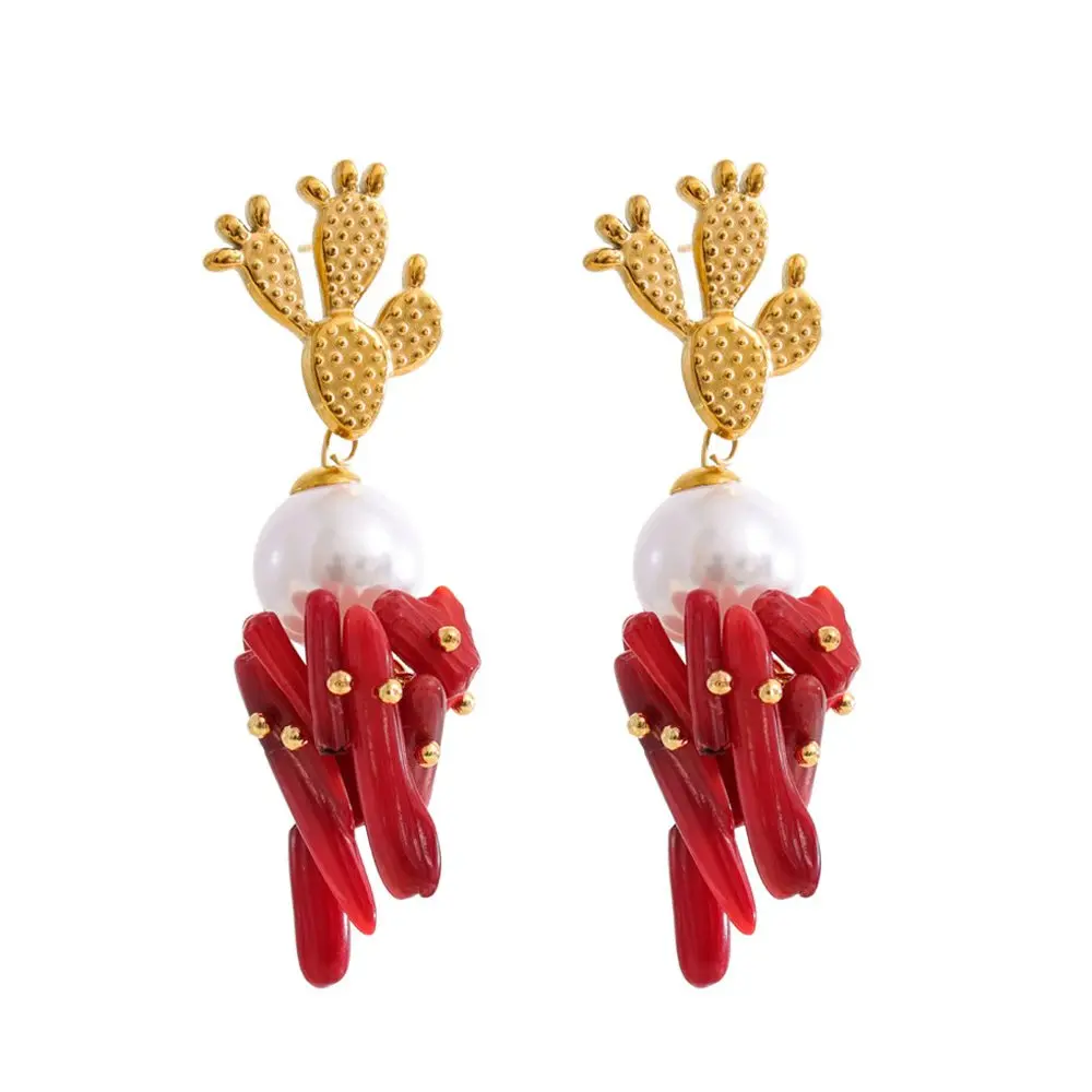 Yhpup ファッション天然石模擬真珠ヒトデサボテンドロップイヤリング