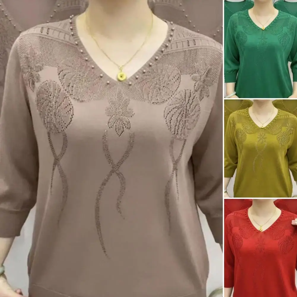 

1Pc V-neck Sweater with Elastic Cuff Soft Bead Stitching Blouse Elegant Mid-aged Women's V Neck Floral Knit Pullover for Women