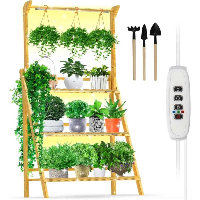 

Plant Stand with Grow Lights Indoor Corner - Bamboo Hanging Plant Shelf 3 Tier 12 Potted Tall Flower Planter Cabinet Pot Holder