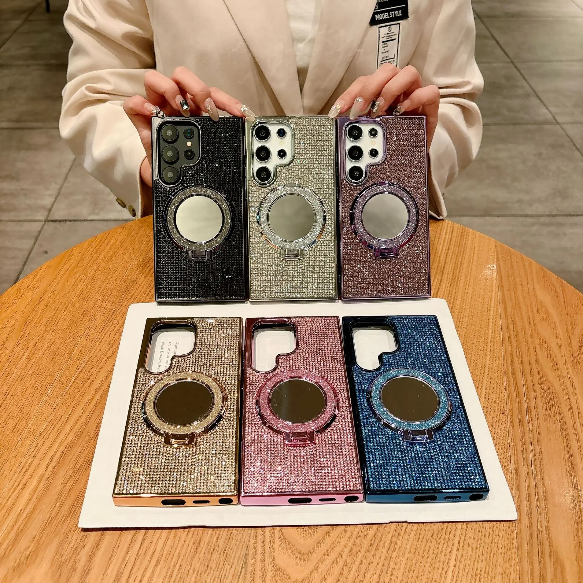 Luxury Diamond Mirror Phone Case with Magnetic Glitter Ring Stand