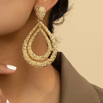 Big Gold Color Double Layer Water Drop Earrings For Women Metal Earing Jewelry 2025 Trending Women's Exaggerated Matte Earrings