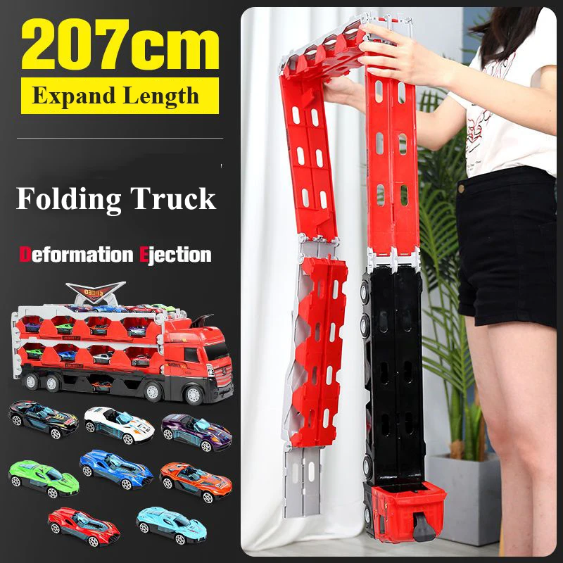 Large Car Transporter Truck Folding Track Racing Vehicle Kids Competitive Games Storage Alloy Car Boy Toy Children Novel Gift