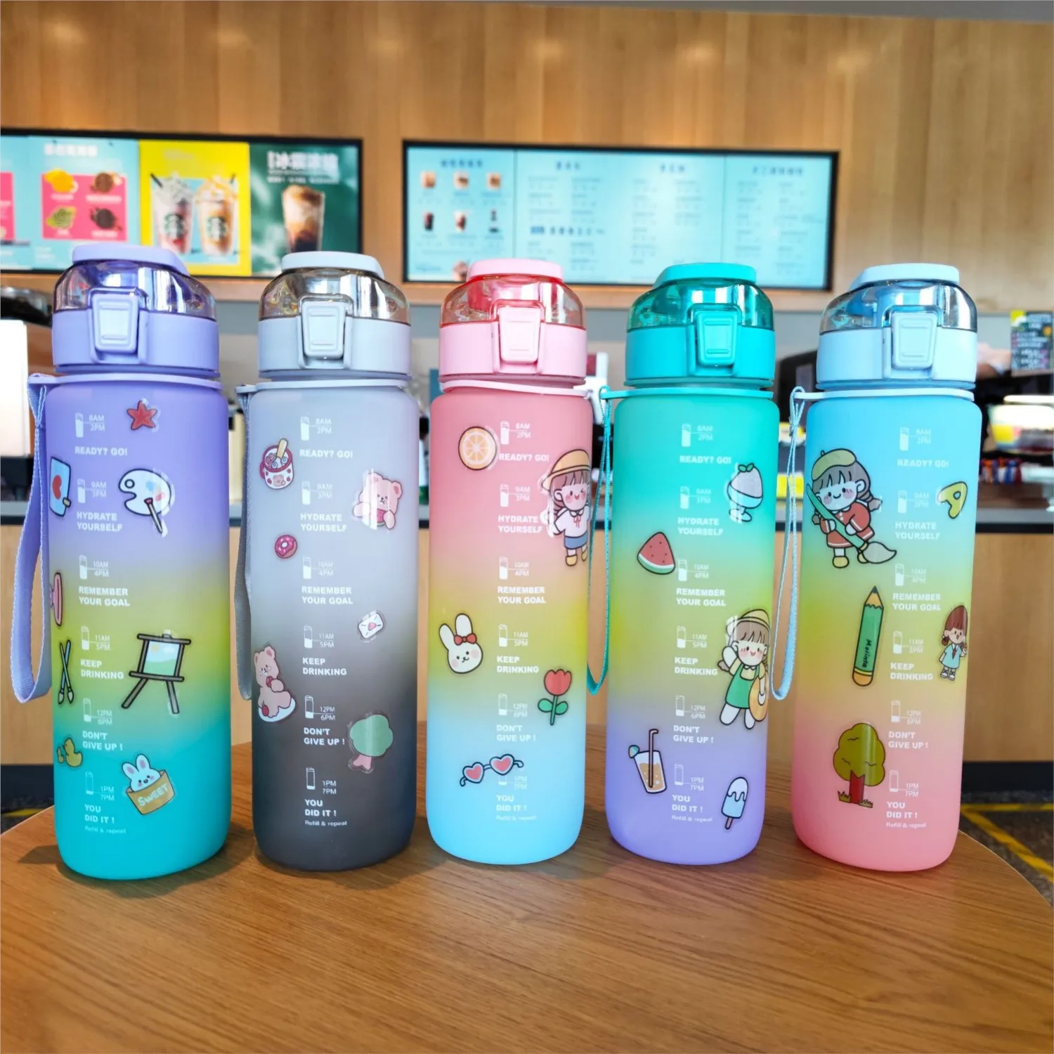 

1 Liters Water Bottle Sports Water Bottle With Time Marker Stickers Portable Reusable Plastic Cups Motivational Drinking Bottle