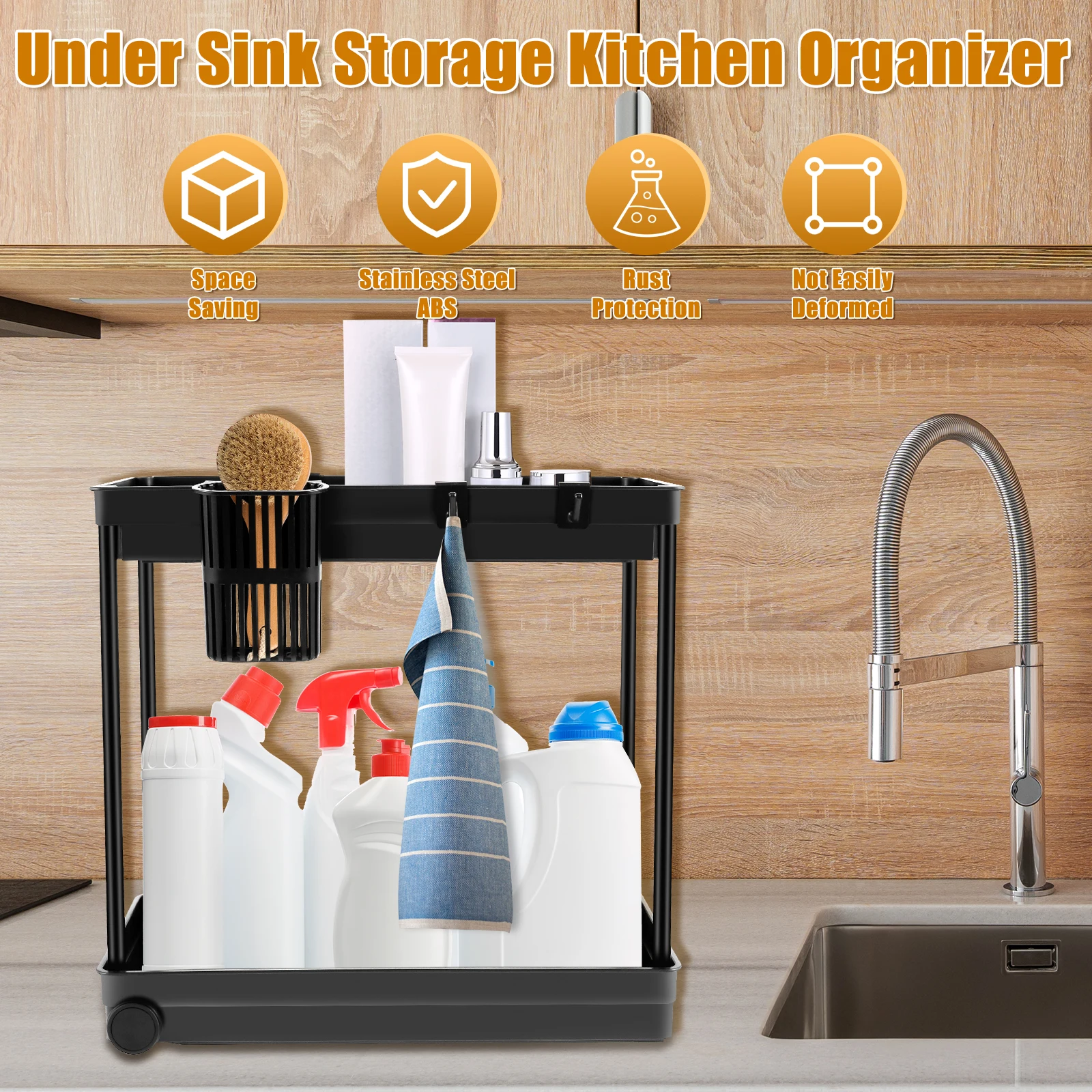 2-Tier Under Sink Organizer Shelf with 4 Hooks and Hanging Cup Space Saving  Multi-Purpose Storage Rack for Kitchen Bathroom - AliExpress