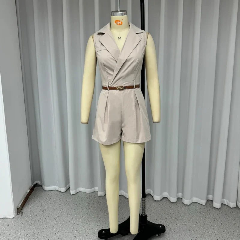 2024New Women Jumpsuit Office Stylish Casual Lapel Sleeveless Solid With Belt Pleated Short Summer Romper Set High Streetwear